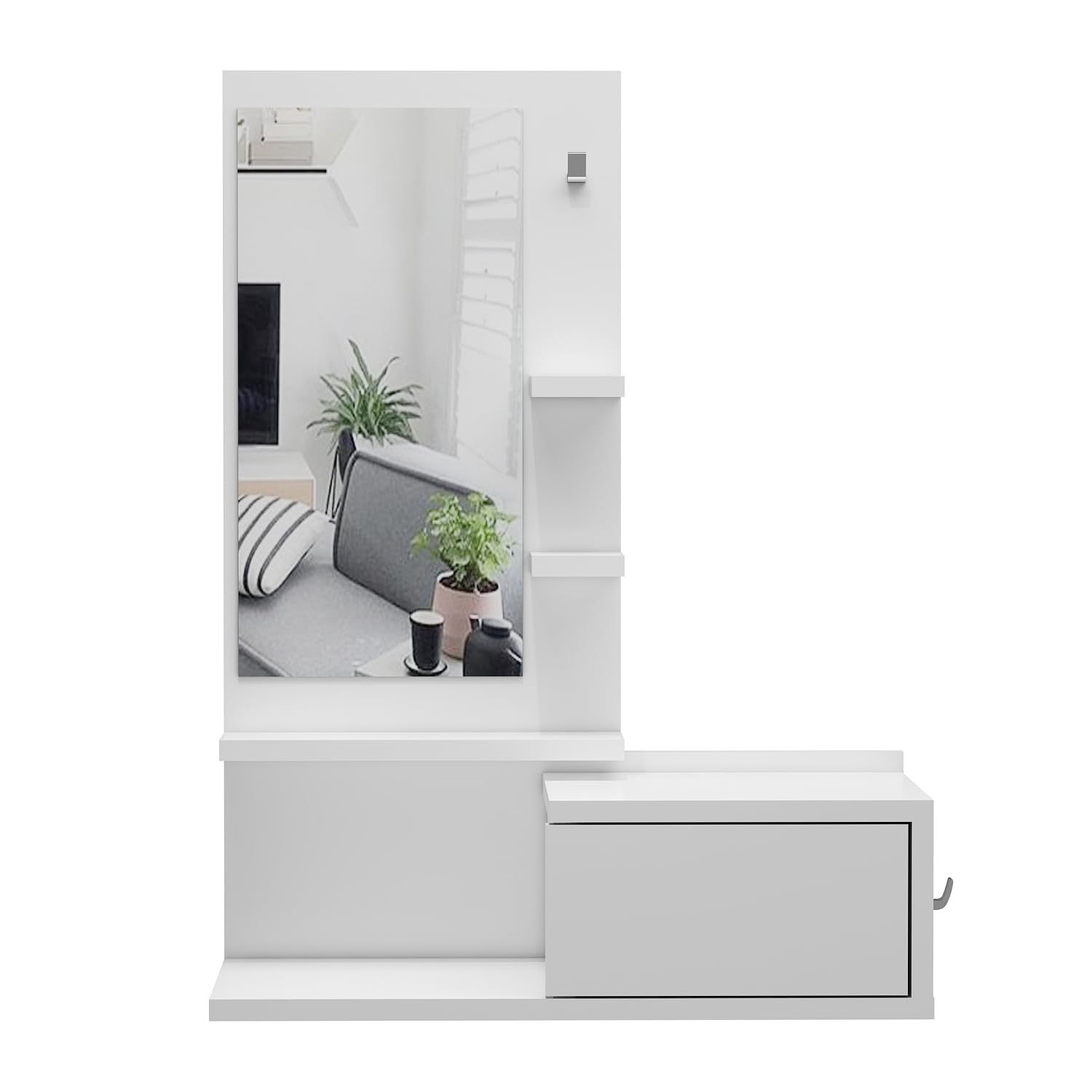 HOMIDEA ENKI Mobile sospeso per corridoio - Armadio con specchio - Armadio a parete per ingresso con cassetto, specchio e ripiano dal design moderno (bianco/bianco)