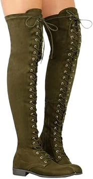 ZBYY Womens Over The Knee Low Heel Lace Up Tall Boots Fashion Side Zipper Thigh High Stretchy Boots Casual Riding Booties