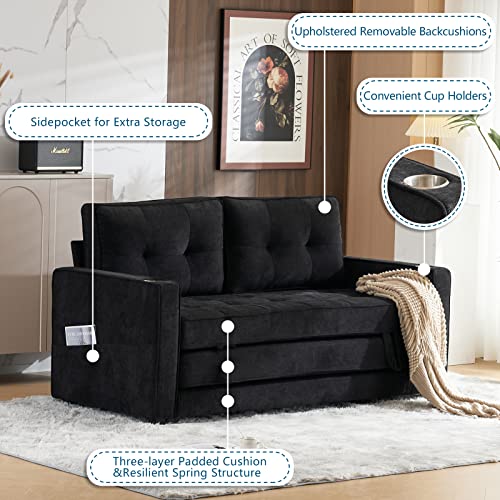 Vingli Upgraded 64" W 84" L Full Size Futon Sofa Bed, 6" Thick Upholstery Chenille Loveseat Sofa Sleeper Pull Out Couch,Convertible Floor Couch For Living Room, Bedroom, Entertainment Room, Black #TOP5