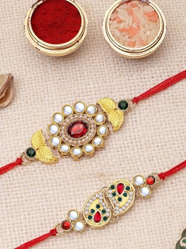Image of Sukkhi Elegant Kundan Designer Gold Plated Premium Rakhi for Brother, Roli Chawal & Greeting Card | Combo-Set of 2