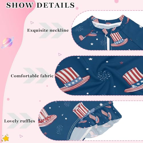 ALAZA American Flag Hat Blue Girls One Piece Swimsuit Long Sleeve Rashguard Swimsuit UV 50+ Swimwear Zip4