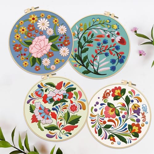 Image of FREEBLOSS 4 Set 8'' Beginners Embroidery Kit Artistic Flower Patterns Embroidery Starter Kit with Instructions Include Embroidery Fabric Embroidery Hoops and Threads for Hanging Decor