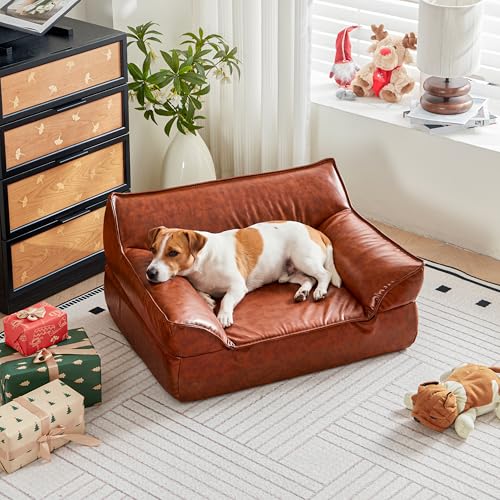 ATJafurn Brown Leather Dog Couch Bed for Small Dogs Under 50 lbs, 31.5 Inch Mid-Century Modern Elevated Dog Sofa Indoor Furniture Style Pet Sofa Bed (Medium)