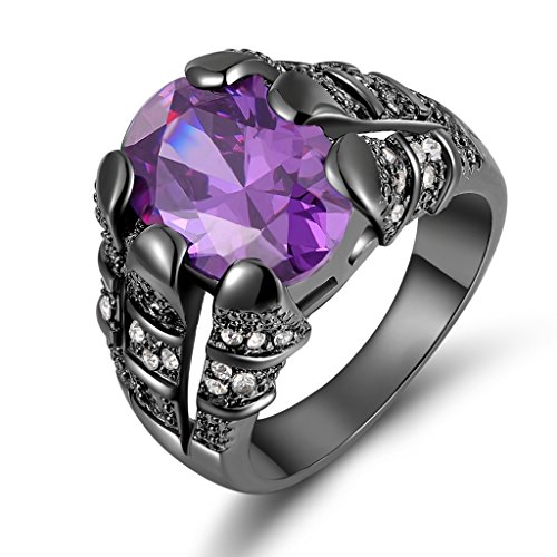 HuanHuan Mens Black Gold Plated Solitaire Oval Purple Cubic Zirconia Claw Ring for Wedding Promise Band Ring Anniversary Him Birthday Gift Size 9