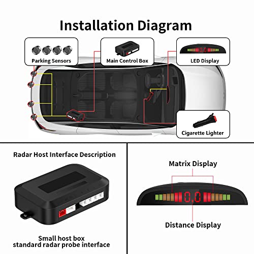 Image of Wireless Parking Sensor, Reverse Radar System with 4 Car Backup Sensors, LED Distance Display with Sound Warning + 4 Gray Parking Sensors