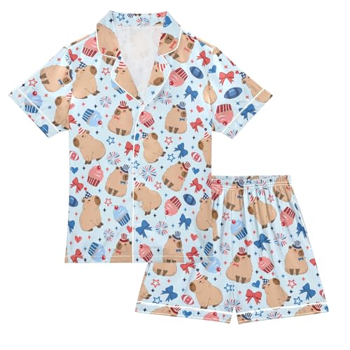 Funny Capybara Colorful Stars Summer Satin Pajama Set, Cute Button-Down Sleepwear Pj Set for Sleep Wears