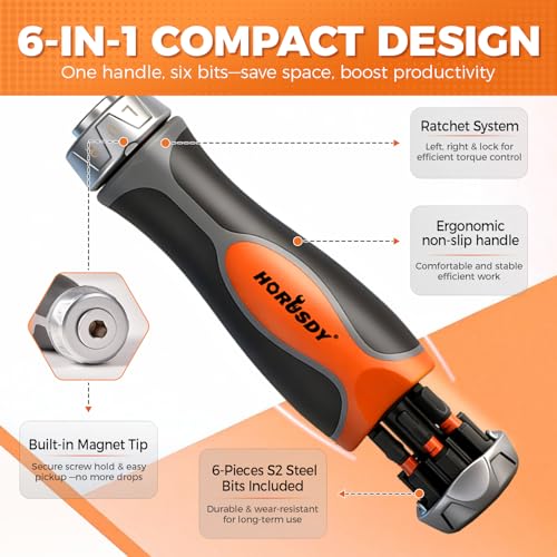 Image of HORUSDY 6-in-1 Ratcheting Screwdriver Set, Magnetic Multi-Bit Screwdriver with Built-in Premium S2 Bits & 126mm Extension Bar, Dad Mens Gifts for Christmas, All-in-One Tool for Home Repair, DIY