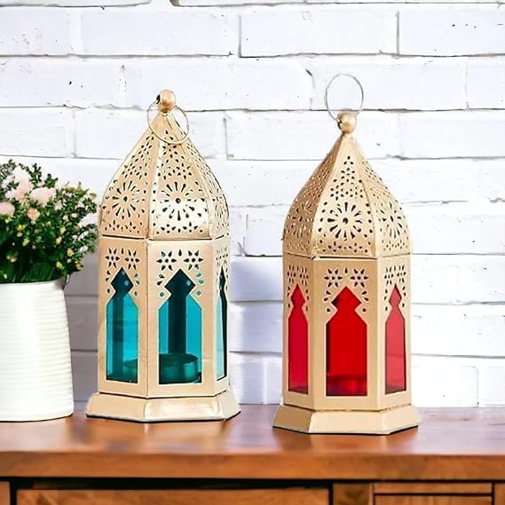 Small Moraccan Lantern/Lamp with T-Light Candle Holder, Antique Collection Decorative Hanging Lantern for Ramzan, Eid, Diwali | Set of 2 | (Red & Blue)-image-26