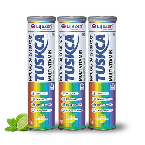 Tuskca Multivitamin For Good Health, Immunity, Bone Health, Stay Active & Energetic | 20 Effervescent Tablets (Pack of 3) Lime & Lemon Flavour