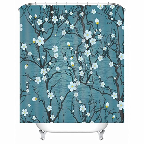 EHOMERY Duschvorhang Schmal Duschrollo L Form Blumen-Zweig Polyester Weiß Rostfreie Ösen Und 12 Hakenringe, 120X180Cm