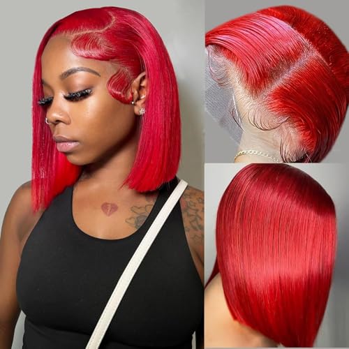 Dorashion Red Bob Wigs Human Hair 13x6 HD Transparent 180% Density Straight Red Bob Lace Frontal Human Hair Wigs for Women Pre Plucked Wear and Go Glueless Bob Wigs 180% Density Short Bob Wig 8 Inch