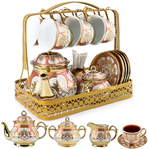 Porcelain Tea Cup and Saucer Set, 22Pcs Luxury Large Tea Sets, 220 ml Tea Coffee Cup, 1100ml Ceramic Teapot Set with Metal Holder,European Flower Tea Coffee Serving Sets for Wedding,Party,Wommen,Gift