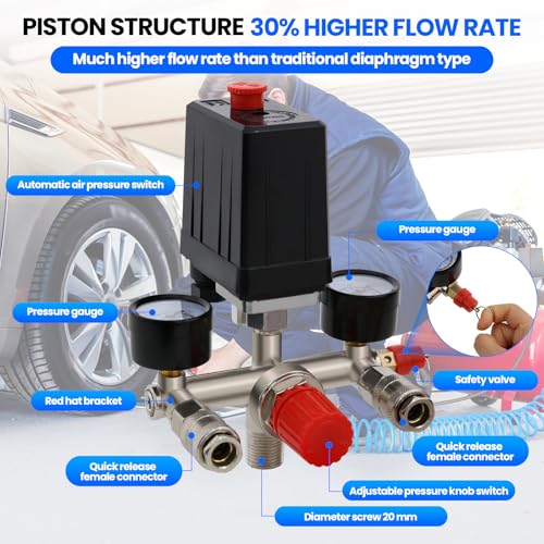 Regolatore Di Pressione 1/2, Valvola Di Commutazione A Pressione 180 Psi Con Manometro Con 2 Puntatori Di Misura Da 0 A 12 Bar Per Compressore D'aria - 4