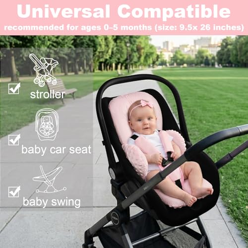Image of Infant Car Seat Insert for Newborn Boys Girls, Extra Thick & Soft Minky Preemie Car Seat Head Body Support Cushion with Strap Pads, Perfect for Stroller, Baby Swing, Bouncer, 2-in-1 Reversible, Pink