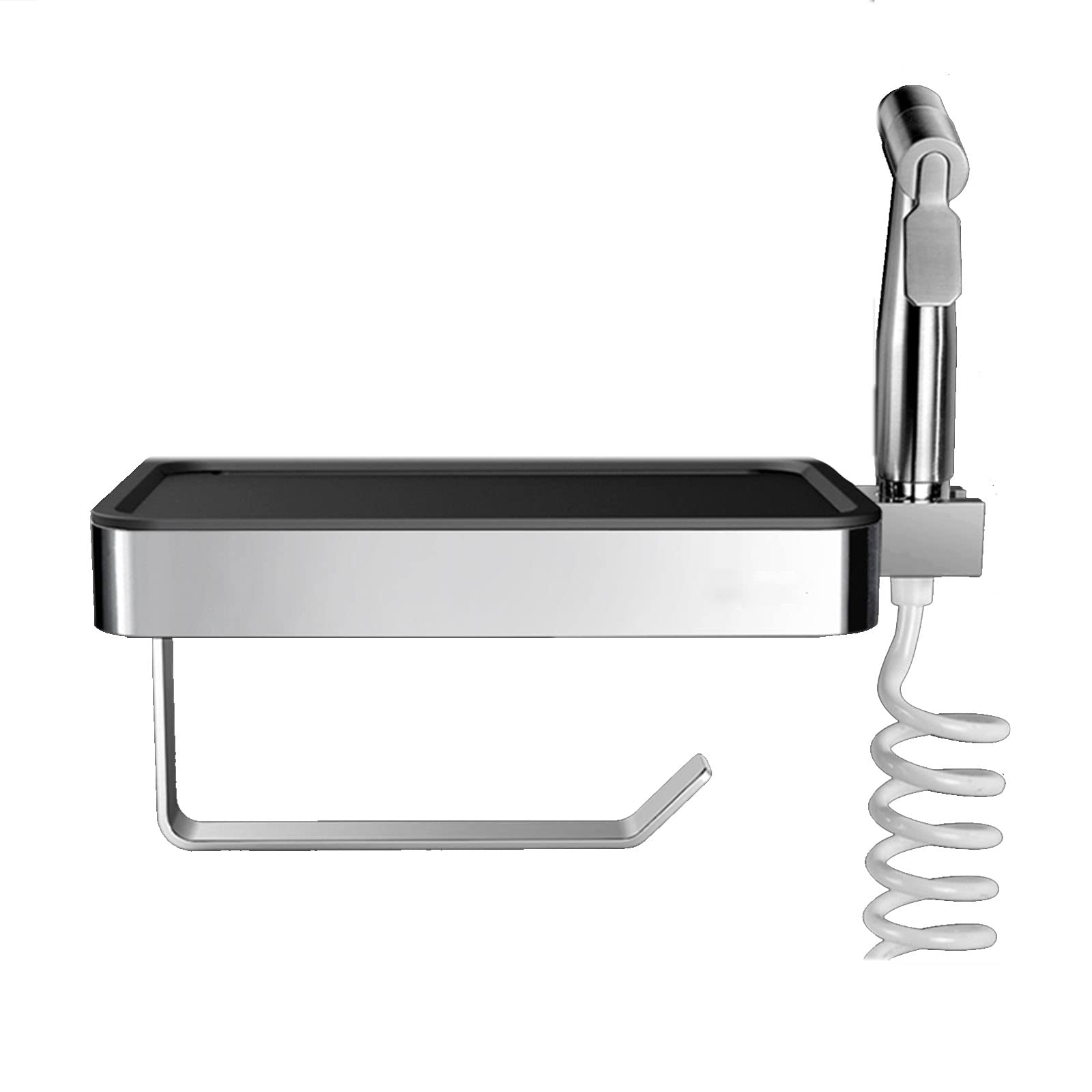 Portarollos Papel Higienico, portarrollos baño Adhesivo, Pulverizador de Bidé de Mano de Acero Inoxidable para Inodoro,con el Teléfono Móvil Estante de Almacenamiento,Negro,Bright