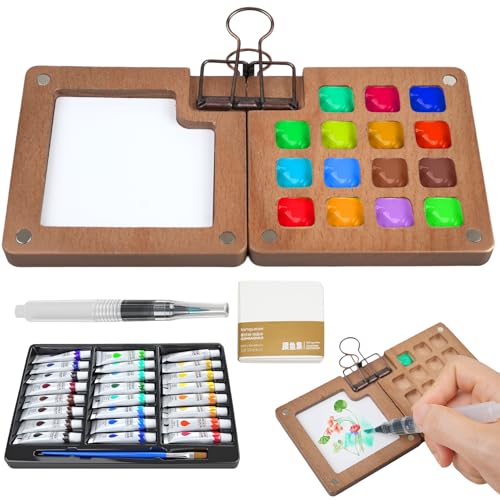 Mini Paint Palette Travel Kit,Mini Travel Watercolor Palette Set,Pocket Artist Acrylic colour Sets with Watercolor Pens,Binder Clips, Include 24 Colors Paint for Beginners Artists