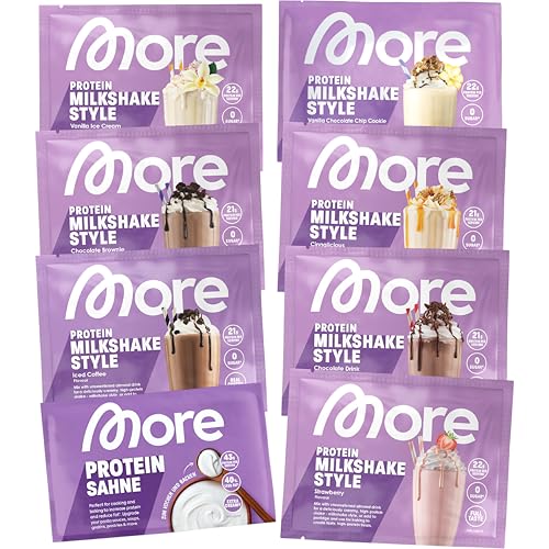 More Protein, Probenbundle, 8er Pack, Mix aus Whey Konzentrat und Casein ideal zum Muskelaufbau und -erhalt, mit Laktase - made in Germany (Sorten können variieren)