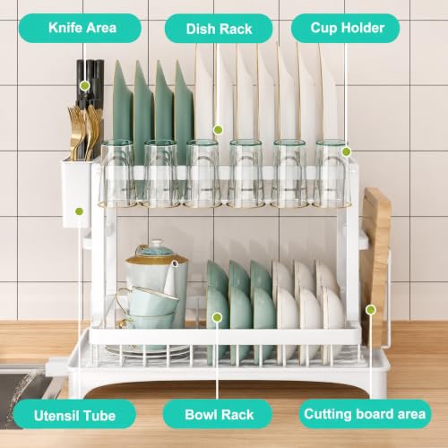 Image of HomeCloud 2-Tier Kitchen Dish Drying Rack & Drainer | Large Capacity Dish Stand with 360 Flexible Drainage System, Removable Drip Tray, Cutlery Holder & Cup Organizer for Countertop (White )