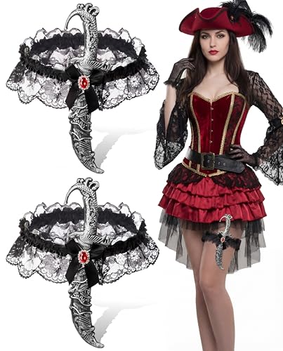 SATINIOR 2 Pcs Pirate Sword Garter with Lace Bow Leg Ring Dagger Pirate Costume Accessories for Women Adult Halloween Cosplay Grey