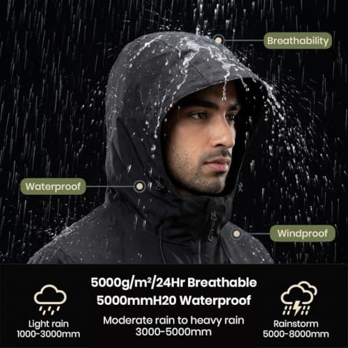 Image of Venzina Jacket for Men Winter with Hood Windproof Outdoor Shell | Features Lightweight Breathable Polyester Fabric for Hiking Cycling Travel and Daily Wear