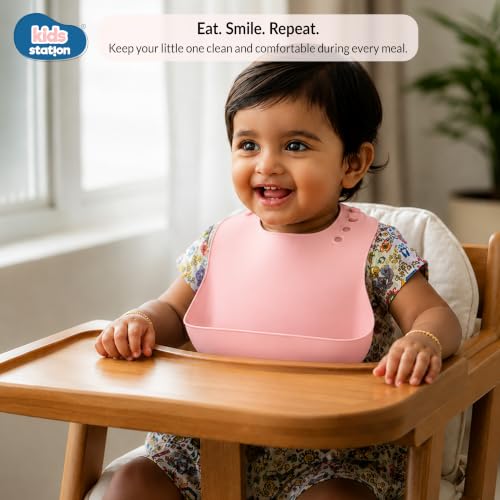 Image of Kids Station Silicone Baby Bib for Feeding & Weaning BPA Free, Soft Adjustable Neckline with Buttons, Washable & Reusable, Ideal for Babies & Toddlers 6 to 36 Months - Pink