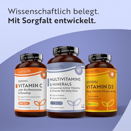 Nutravita Multivitamin & Mineralstoffe - 365 Hochdosierte Vegane Tabletten - Laborgetestet - Multivitamintabletten - 26 Vitamine & Mineralstoffe Komplex - Vitamine, Mineralien & Ergänzungsmittel
