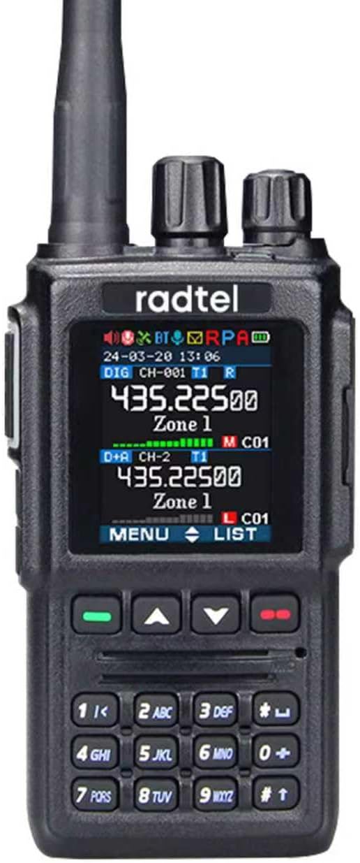Front view of the Radtel RT-7D DMR Radio, showing the display, keypad, and control knobs.