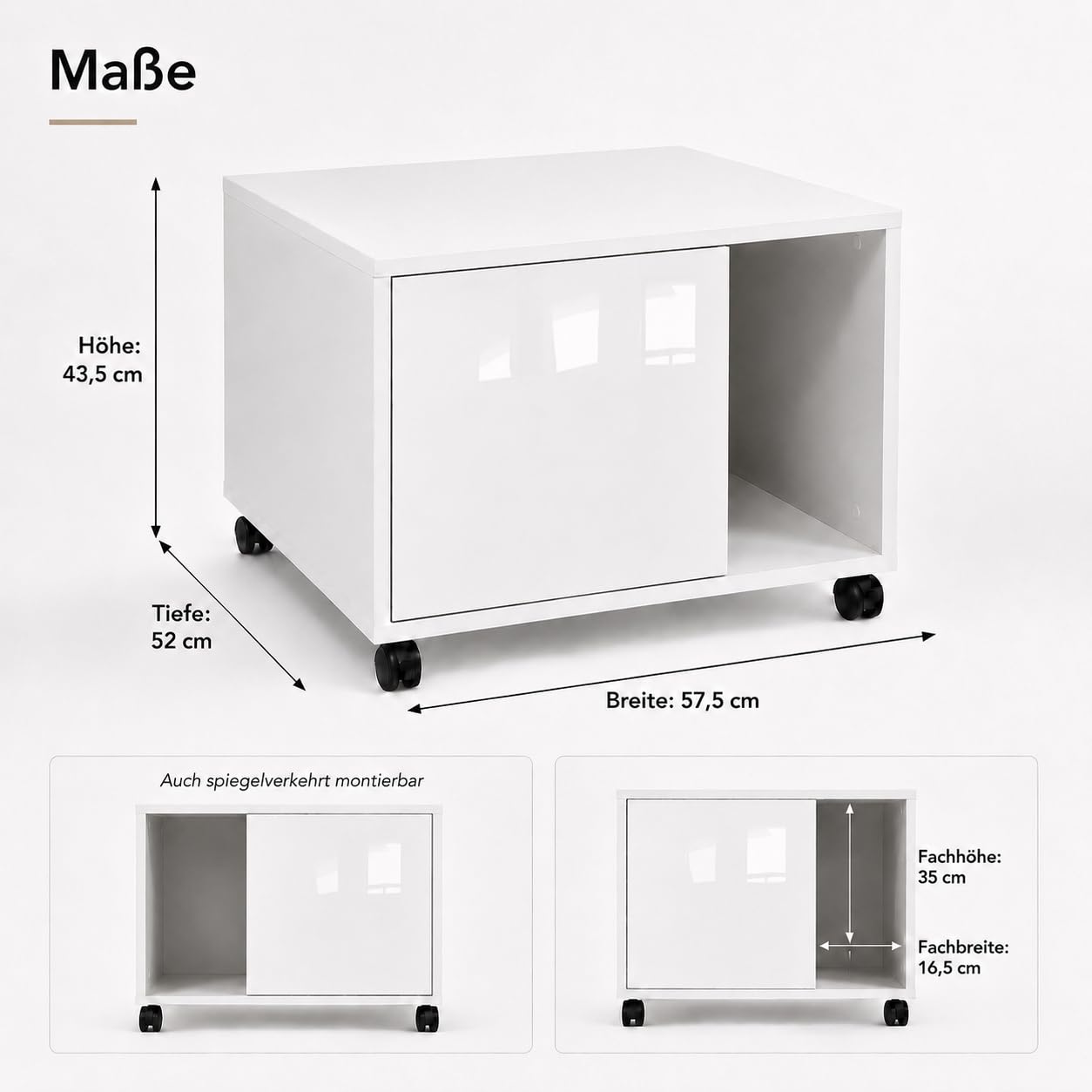 Druckerschrank Amira Weiß Hochglanz Front, Druckerkommode mit Rollen, 58x52x44 cm, Push-to-Open Tür, extra tief und geschlossen