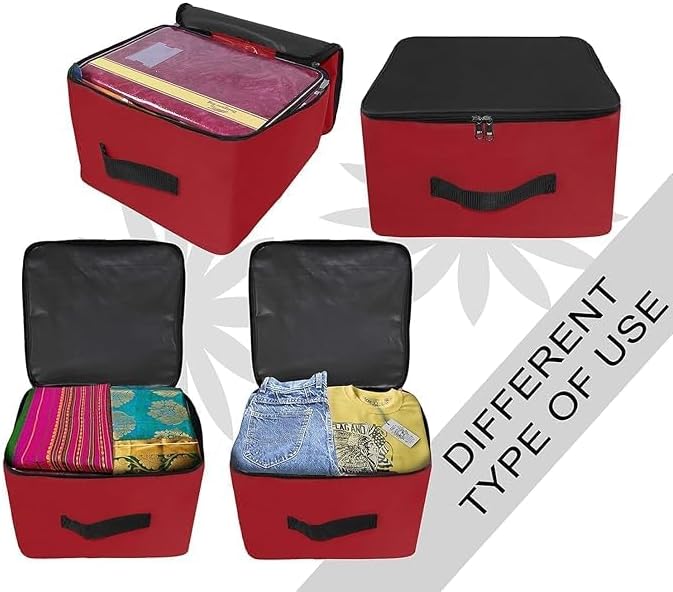 Nylon Wardrobe Storage Bags, 14.5x13.4x9 inches, 2 Pack, Underbed Clothes Organizer with Handles COLOR (RED)