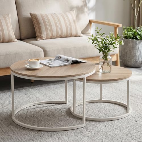 buybyroom Lot de 2 Petites Tables d'appoint Rondes pour Salon avec Cadre en métal, Table d'appoint en chêne pour Bureau, Balcon, Chambre à Coucher, Couleur...
