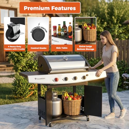 Image of Gas Grill 5-Burner Outdoor Propane Grill Gas BBQ Grill Barbecue Grills | 645 Sq.in, Searing Burner, Side Burner, Glass Window, Porcelain-Enameled Grates, Stainless Steel Outdoor BBQ Grill Cooking