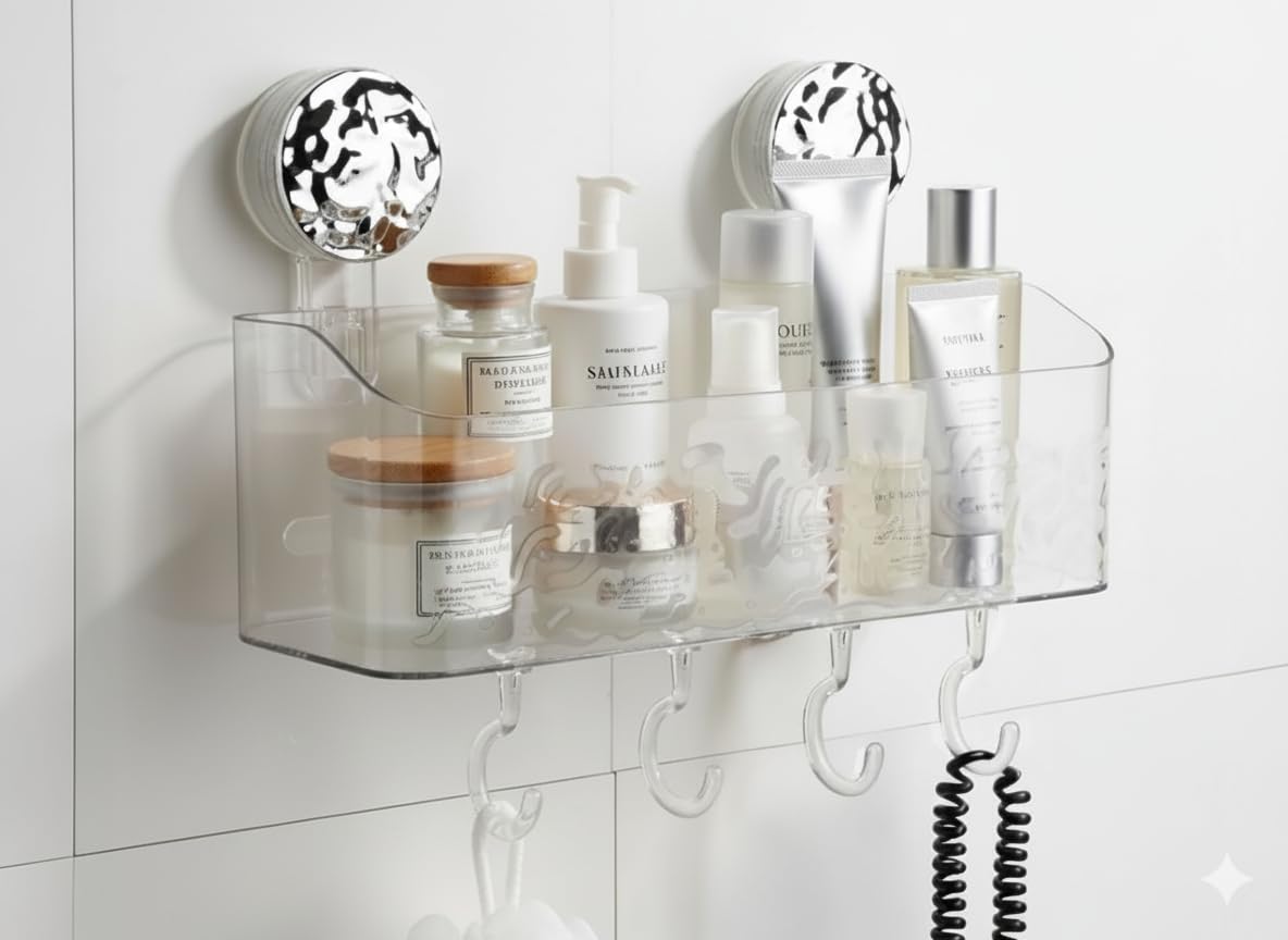 HOME I Suction Cup Shower Caddy and Toothbrush Holder for Bathroom Shower Drill-Free Toothpaste and Razor Organizer Removable