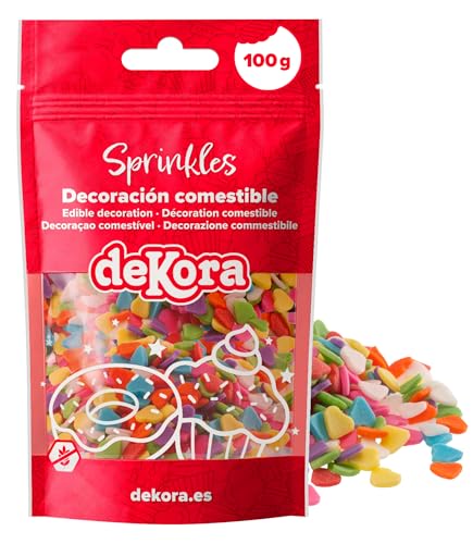 dekora – Confettis Cœur Multicolores en Sucre, 100 g – Décoration Gâteau Anniversaire et Saint-Valentin – Sprinkles Pâtisserie
