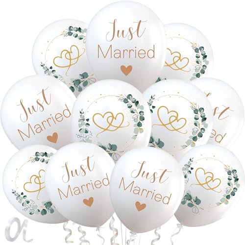 Just Married Lot de 30 ballons décoratifs pour mariage, 30 cm, blanc romantique avec cœurs, décoration de mariage, fiançailles, demande en mariage