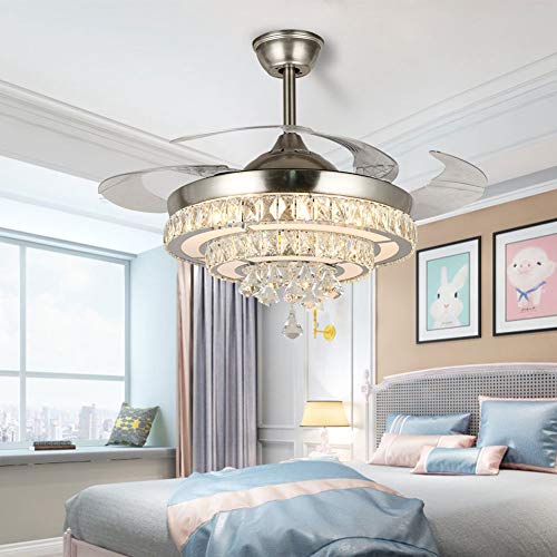 Fandian 42" Crystal Ceiling Fans Chandelier With Lights And Remote Control Retractable Blades,3 Color Changes, 3 Speeds, Ceiling Fixture For Home Decoration Living Room Bedroom #TOP7