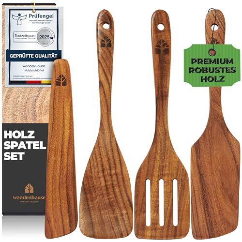 Pfannenwender Holz Set - Handgefertigte Küchenutensilien 4 Teiliges - Holzspatel Set mit Pfannenwender, Bratwender, Schlitzspatel und Holzschaber, BPA-frei, Robust...