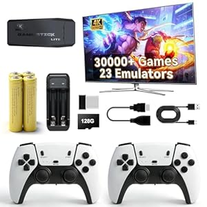 Retro Game Console, 30,000+ Gaming Stick,Built-in Classic Games,23Emulators,4K HDMI Output,Plug & Play, Includes 2 Wireless Controllers, AAA NiMH Batteries and Charger