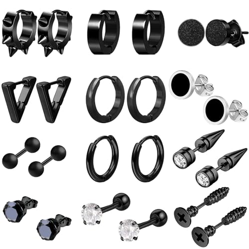 12 Pares Pendientes Hombres Negro Pendientes para Hombres Aros Pendientes Acero Inoxidable Punk Pendiente Hipoalergénico Piercing Oreja Set para Hombres Mujeres