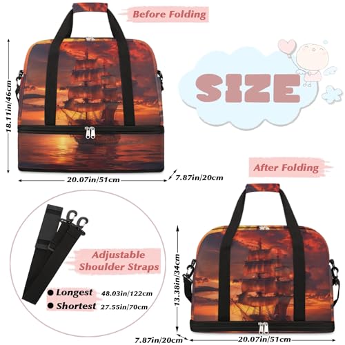 Travel Duffel Bag with Shoe Compartment, Sunrise Sailing Ship Shoulder Weekender Bags for Women, Foldable Waterproof Travel Bag Carry on Bag2