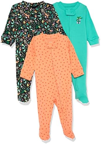 Amazon Essentials Unisex Babies' Snug-Fit Cotton Footed Sleeper Pajamas, Folkloric/Christmas Print/Dots, 12 Months