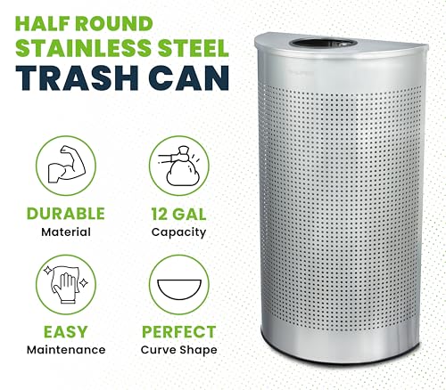 Image of Alpine Half Round Trash Can Open Top - Modern 12 Gallon Stainless Steel Space Saving Indoor Commercial Trash Can, Narrow Garbage Can for Bathroom. Office, Lobby and Business.