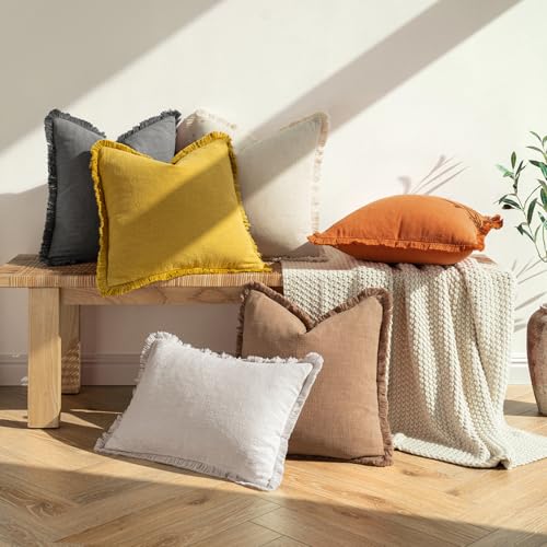 Image of MIULEE Decorative Throw Pillow Covers Neutral Linen Fringe Throw Pillows Set of 2 Burnt Orange Boho Farmhouse Cushion Covers with Tassels for Couch Sofa Bed Living Room Home Decor 20x20 Inch