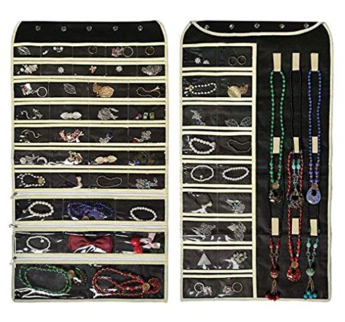 Home Style India Non Woven Hanging Jewelry Organizer,Double Sided 56 Pockets And 9 Hook Loops For Holding Jewelry (Black-Beige)