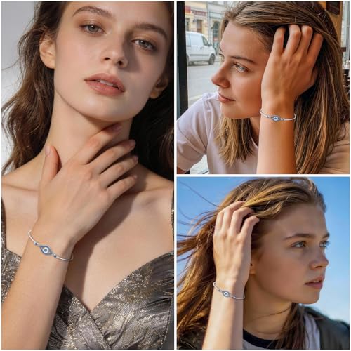 Evil Eye Bracelets Greek Blue Evil Eye Bracelet for Women Bangle 925 Sterling Silver Jewelry Protection Amulet Cubic Zircon Charm Turkish Third Eye Adjustable by Jewlikee - Used condition - Image 2