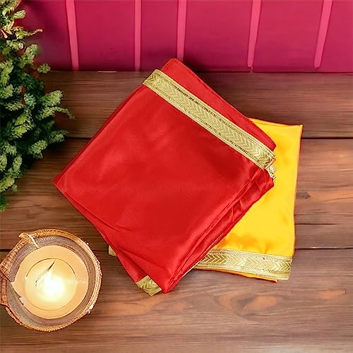 Image of Mandir Pooja Cloth, Pooja Satin Cloth 1 Meter Each red & Yellow, Pooja kapda for Goddess Saraswati /Durga, Pooja chowki aasan kapda, mandir ka kapda