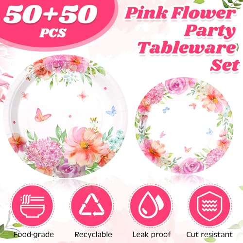 Mumufy 100 Pack Floral Paper Plates Watercolor Floral Dinner Plates and Pink Spring Flower Dessert Tea Party favors for Wedding Bridal Shower Engagement Birthday Dining - Thumbnail 3