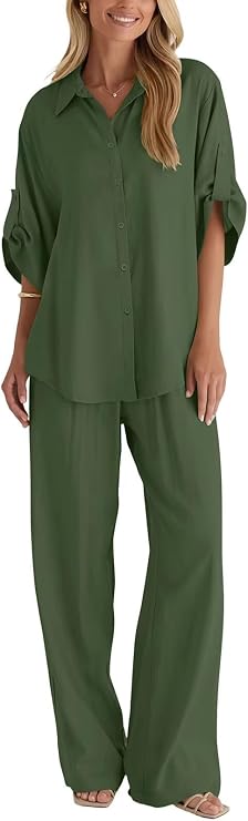 Women's 2 Piece Cotton Button Up Suit,and Wide Leg Pant Set,Business Casual