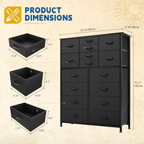 DWVO Dresser for Bedroom with 16 Drawers, Large Chest of Drawers, Tall Dressers for Bedroom with Wood Top and Metal Frame