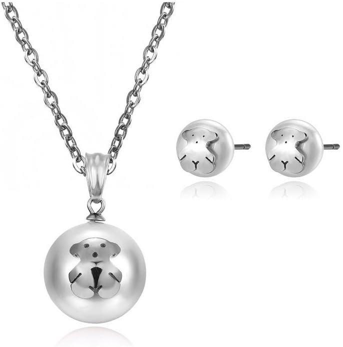 INBO 1 Set of Cream Pearl Bear Necklace Pendant and Stud Earrings with Stainless Steel Necklace Chain (Silver)