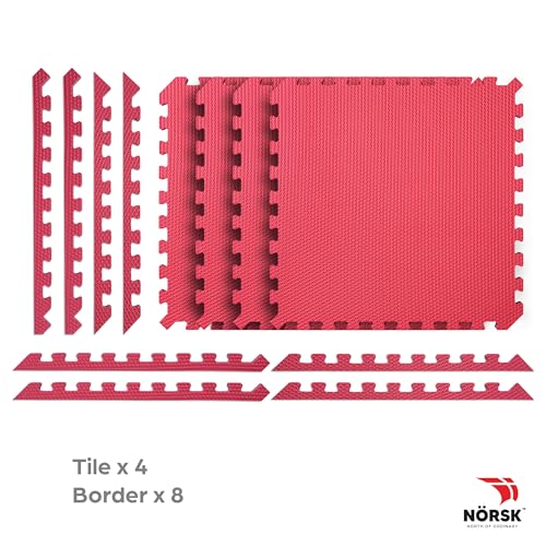 Norsk Reversible Gym Exercise Mats 3/4\" Thick EVA Interlocking Foam Tiles, Perfect Gym Flooring for Home Gym, 12 24\"x24\" Tiles & 24 Trim Pieces, 48 Sq. Ft. Reversible, Red/Black